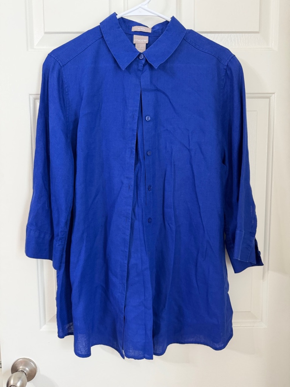 Chico's Cobalt Blue No Iron Linen 3/4th sleeve button front blouse